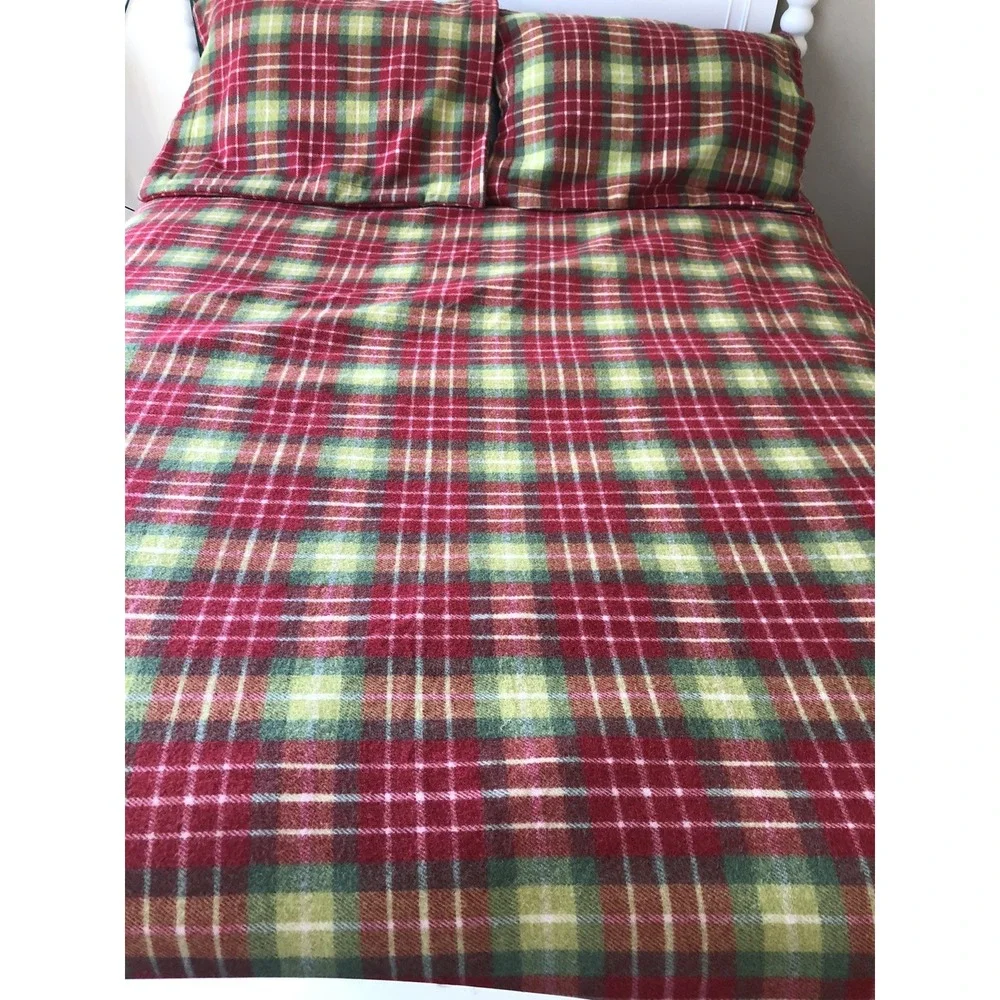 Pottery Barn Quilt Blanket 92x92 Full Queen 100% Wool 2 Shams Red Green Tartan